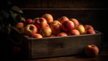 Rustic apple crate on wooden table with fresh organic fruit generated by AI photo