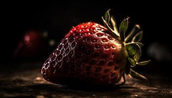 Juicy organic berry slice on rustic wooden table, refreshing summer snack generated by AI photo