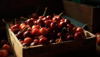 Summer harvest Abundant organic berry fruit in wooden crate collection generated by AI photo