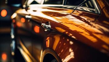 Shiny vintage car bumper illuminated by city street lighting equipment generated by AI photo