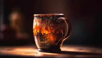 Rustic coffee mug on wooden table, frothy drink for relaxation generated by AI photo