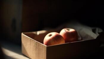 jugoso orgánico manzana en rústico de madera caja en otoño mesa generado por ai foto