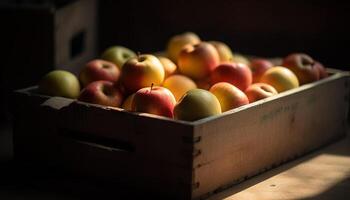 maduro orgánico manzanas en de madera caja, un sano otoño bocadillo generado por ai foto