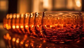 Luxury whiskey bottle illuminated in a row at the bar generated by AI photo