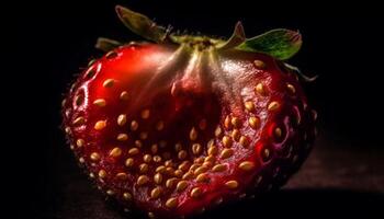 Juicy strawberry slice showcases freshness and organic nature on black background generated by AI photo