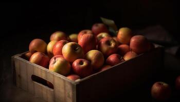 jugoso orgánico manzanas en un rústico de madera caja, otoño cosecha generado por ai foto
