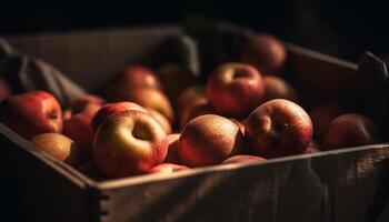 Ripe juicy apples in a rustic wooden crate, autumn harvest generated by AI photo