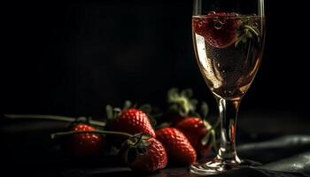 Organic berry dessert and champagne on wooden table for celebration generated by AI photo