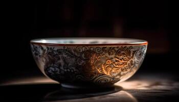 Antique Chinese earthenware bowl on rustic wooden table, ornate decoration generated by AI photo
