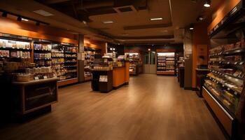 Modern retail store with abundance of merchandise in rows on shelves generated by AI photo