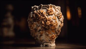 Rustic pottery vase with ornate flower design on wooden table generated by AI photo