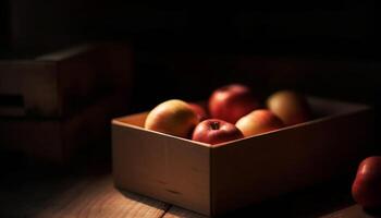 Ripe organic apple, a healthy snack on a rustic table generated by AI photo