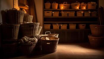 Wicker basket collection on rustic wooden shelf in domestic room generated by AI photo