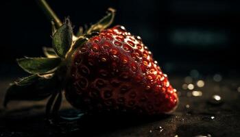 Juicy strawberry slice on wooden table, refreshing summer snack generated by AI photo