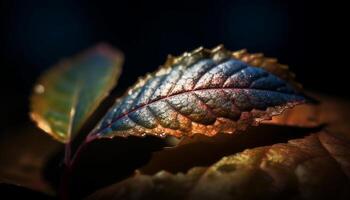 vibrante otoño hoja con Rocío soltar en orgánico planta crecimiento generado por ai foto