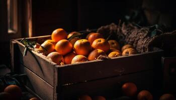 Fresh organic citrus fruit in a rustic wooden crate on table generated by AI photo