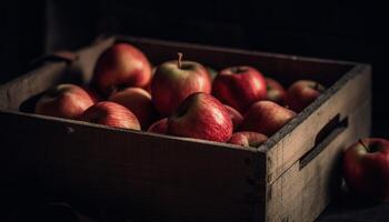 jugoso orgánico manzanas en de madera caja en rústico mesa adentro generado por ai foto