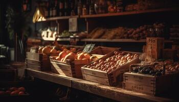 Abundance of organic vegetables and ripe fruits on wooden shelves generated by AI photo