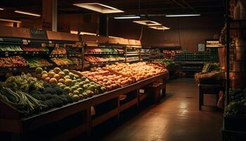 Abundance of fresh organic fruits and vegetables in supermarket aisle generated by AI photo