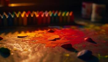 Abstract acrylic painting on wood table with autumn leaf decoration generated by AI photo