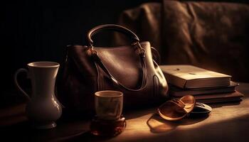 Fashionable women accessories on an antique table in nature generated by AI photo