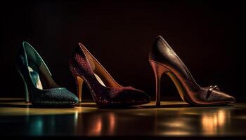 Modern elegance Shiny patent leather stilettos in a row generated by AI photo