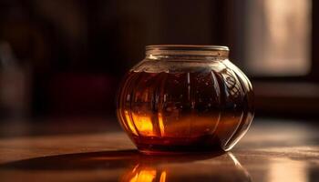 Rustic whiskey jar pouring honey drop in transparent drinking glass generated by AI photo