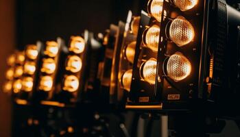 Nightclub stage illuminated with bright halogen lights and reflectors generated by AI photo