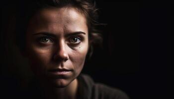 Sad young adult with brown hair in close up portrait generated by AI photo