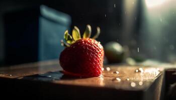 Refreshing summer dessert Sweet berry slice on wooden bowl generated by AI photo