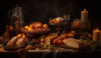 A rustic autumn still life bread, pumpkin, fruit, candle, table generated by AI photo