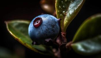 Ripe blueberry on wet branch, refreshing taste of nature sweetness generated by AI photo