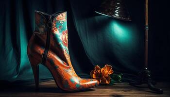 Fashionable women standing on dark wood flooring in high heels generated by AI photo