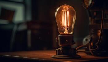 Old fashioned electric lamp with glowing filament on rustic wooden table generated by AI photo