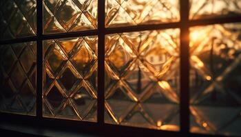 Shiny gold shapes reflect in abstract glass patterns at dusk generated by AI photo