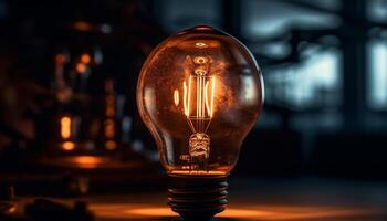 Glowing tungsten filament illuminates old fashioned electric lamp on table generated by AI photo