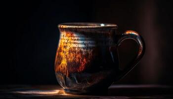 Rustic wood table with old fashioned pottery mug and coffee pot generated by AI photo