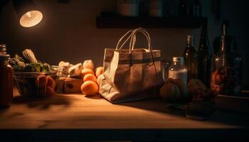 Fresh organic vegetables on rustic wooden table with autumn backgrounds generated by AI photo