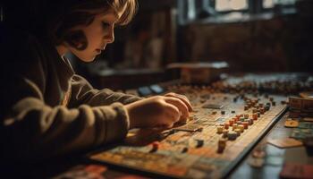 Caucasian boys holding work tools, concentrating on crafting wood toys generated by AI photo