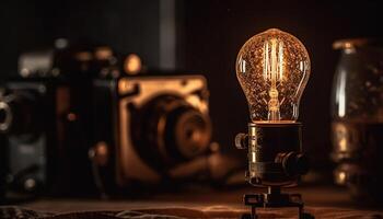 Antique electric lamp illuminates old fashioned photography studio equipment generated by AI photo