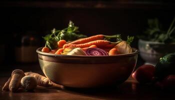 Fresco orgánico vegetal ensalada en rústico de madera mesa con sano ingredientes generado por ai foto