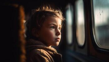 uno niño mirando mediante ventana en un divertido viaje aventuras generado por ai foto