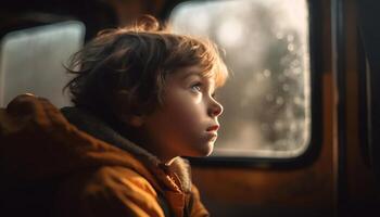 Cute Caucasian boy smiling, looking through car window on adventure generated by AI photo