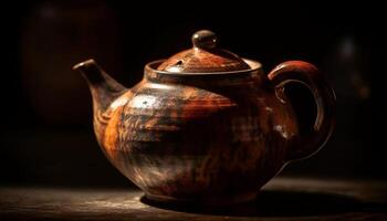 Old fashioned earthenware tea kettle heats rustic hot drink on table generated by AI photo