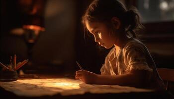 linda niña aprendizaje Arte y artesanía, participación lápiz, sonriente felizmente generado por ai foto