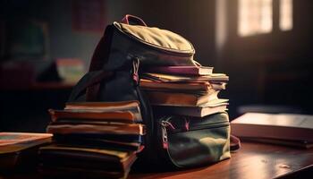 Stack of old textbooks on a messy table in library generated by AI photo