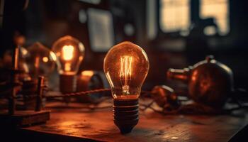 Bright glowing filament inspires creativity in old fashioned electric lamp generated by AI photo