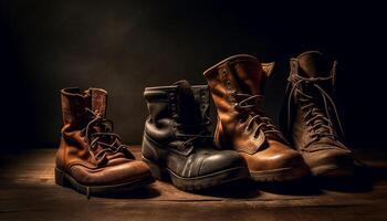 Old leather army boots, undone shoelace, on black background still life generated by AI photo