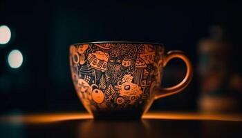 Rustic coffee mug on wooden saucer, hot drink for relaxation generated by AI photo