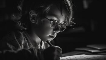 grave estudiantes estudiando con concentración en monocromo salón de clases retrato generado por ai foto